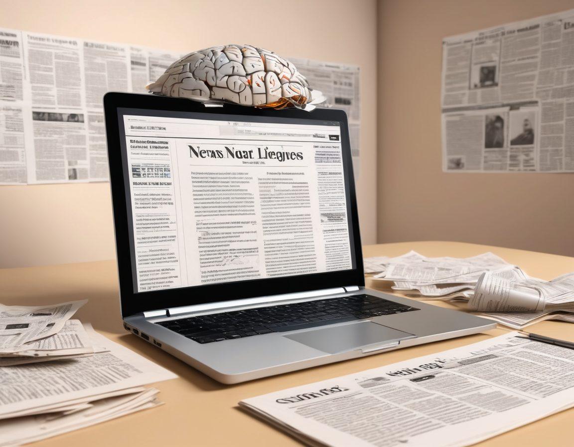 A dynamic composition showing an open laptop with diverse summary articles displayed on the screen, surrounded by scattered newspapers and digital devices. In the background, a brain made of interconnected news headlines symbolizes the power of information synthesis. Soft, warm lighting creates an inviting atmosphere for learning. minimalist design. vibrant colors. 3D.