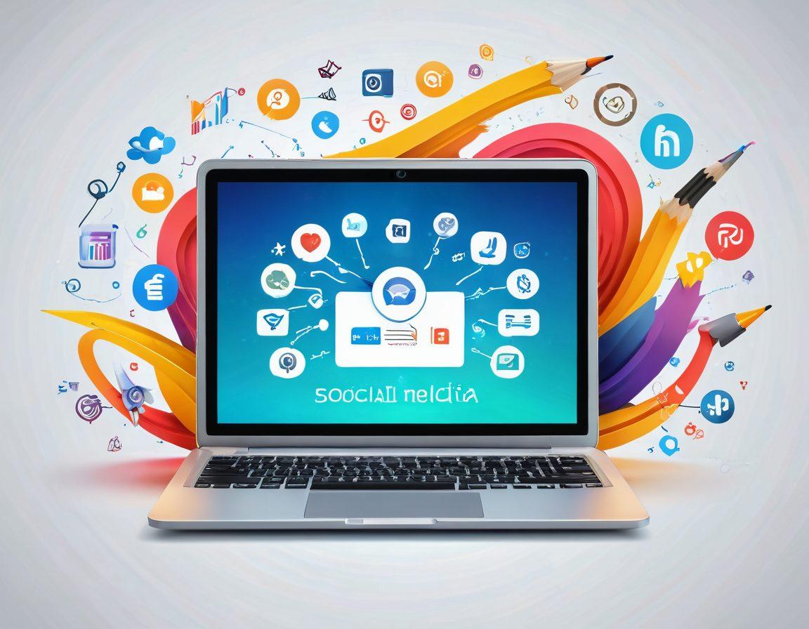 A dynamic laptop displaying text being crafted with a glowing pencil hovering above, surrounded by floating icons representing social media, SEO, and analytics, all set against a backdrop of vibrant waves symbolizing online connectivity and creativity. Minimalistic design elements with a sleek layout. super-realistic. vibrant colors. white background.