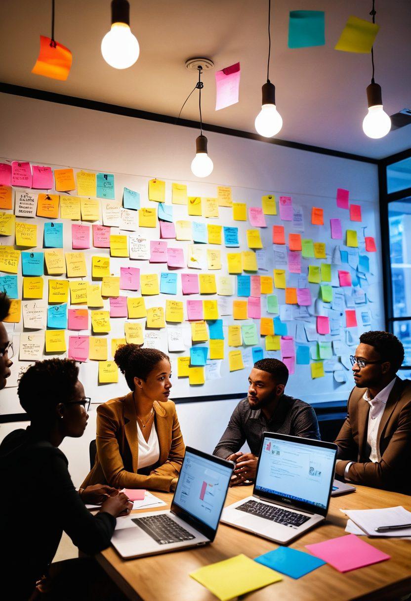 A light bulb illuminating a diverse group of professionals brainstorming over laptops, surrounded by colorful sticky notes and a whiteboard filled with innovative ideas and outlines for short-form content. The scene radiates creativity and collaboration, reflecting an atmosphere of thought leadership. super-realistic. vibrant colors. warm lighting.